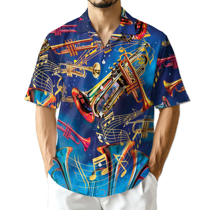 Retro Trumpet Pattern Hawaiian Shirt for Men, Button Down Aloha Shirt - Azhawaiian
