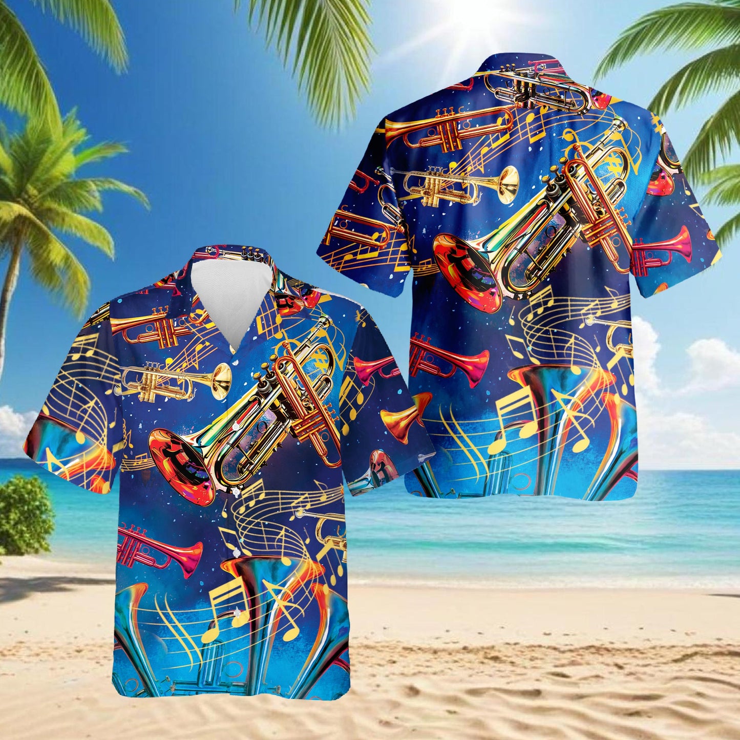 Retro Trumpet Pattern Hawaiian Shirt for Men, Button Down Aloha Shirt - Azhawaiian