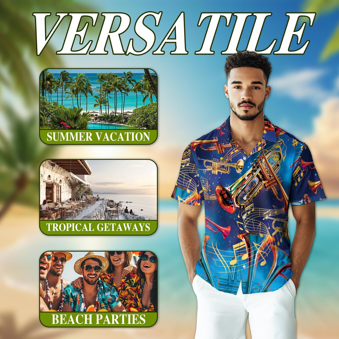 Retro Trumpet Pattern Hawaiian Shirt for Men, Button Down Aloha Shirt - Azhawaiian
