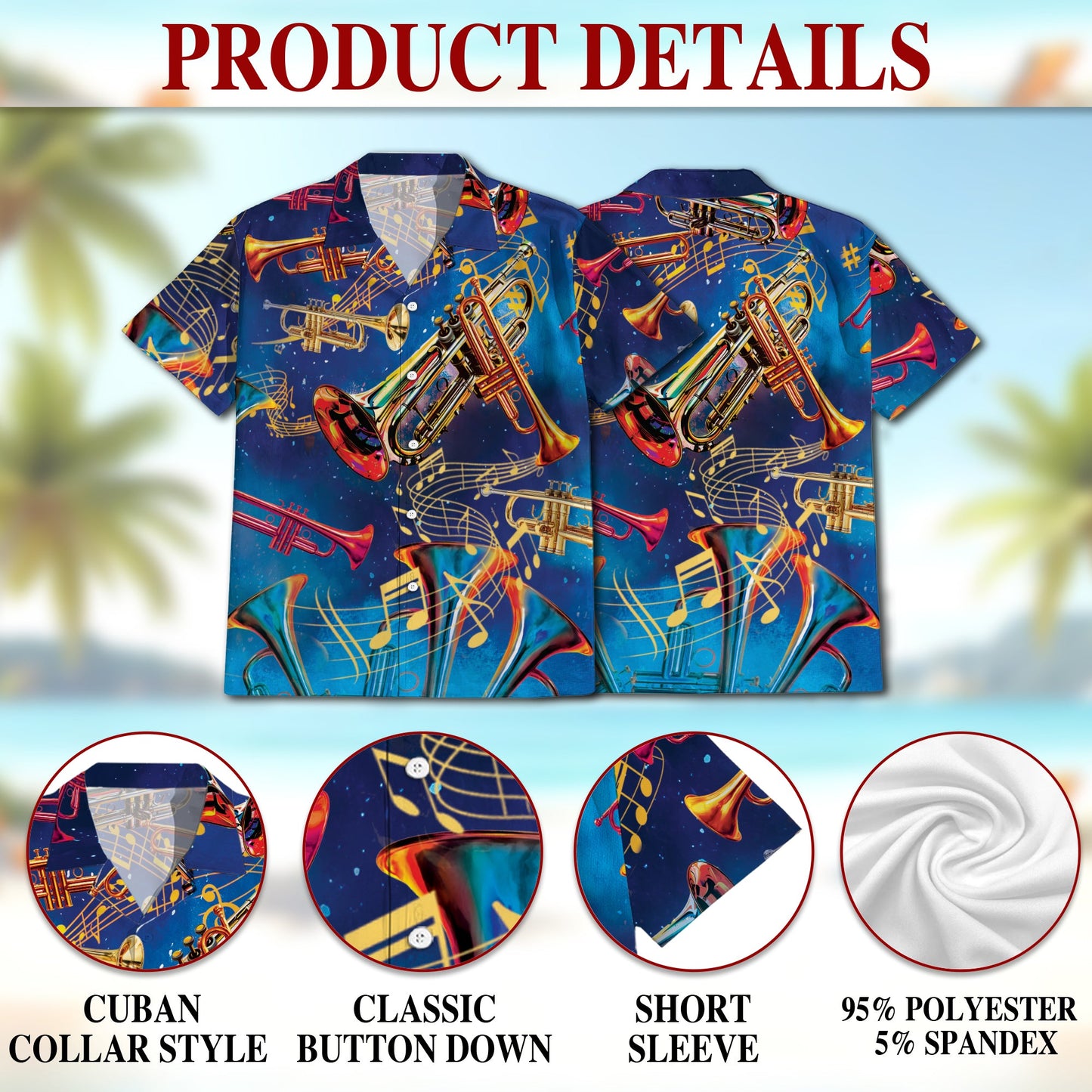 Retro Trumpet Pattern Hawaiian Shirt for Men, Button Down Aloha Shirt - Azhawaiian