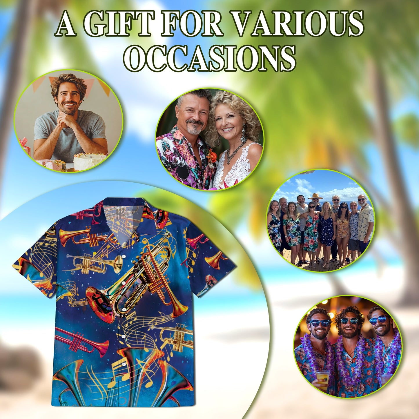 Retro Trumpet Pattern Hawaiian Shirt for Men, Button Down Aloha Shirt - Azhawaiian