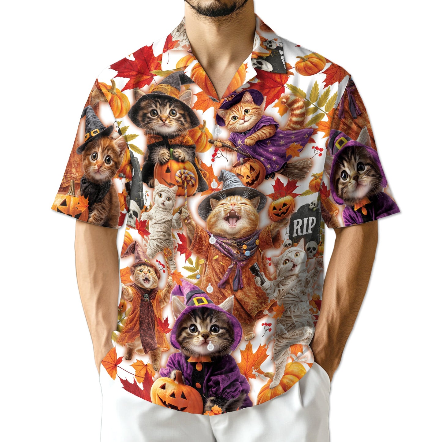 Halloween Cat Hawaiian Shirt for Men, Button Down Aloha Shirt - Azhawaiian
