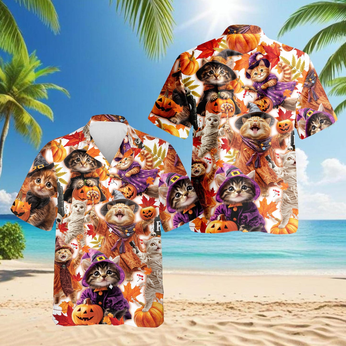 Halloween Cat Hawaiian Shirt for Men, Button Down Aloha Shirt - Azhawaiian