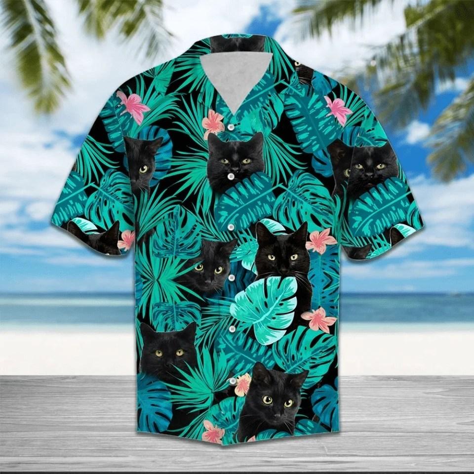 Hawaiian Aloha Shirts Black Cat Tropical 