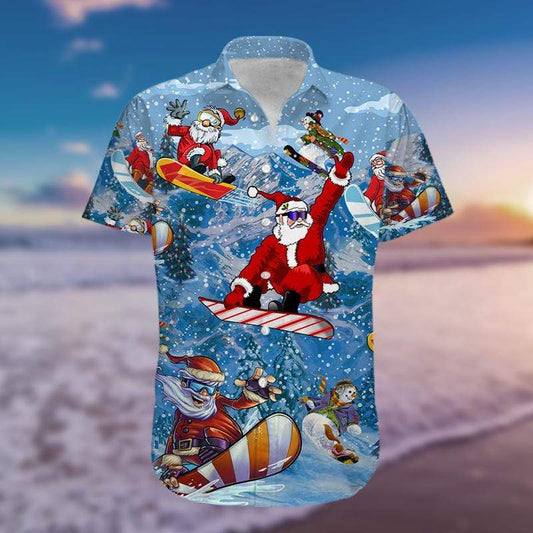 Happy Santa Claus Skateboarding Blue Red Hawaiian Aloha Shirts