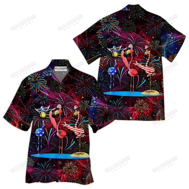 Flamingo American Fireworks Dancing Hawaiian Shirt