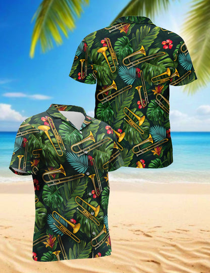 Tropical Trombone Pattern Hawaiian Shirt for Men, Button Down Aloha Shirt - Azhawaiian