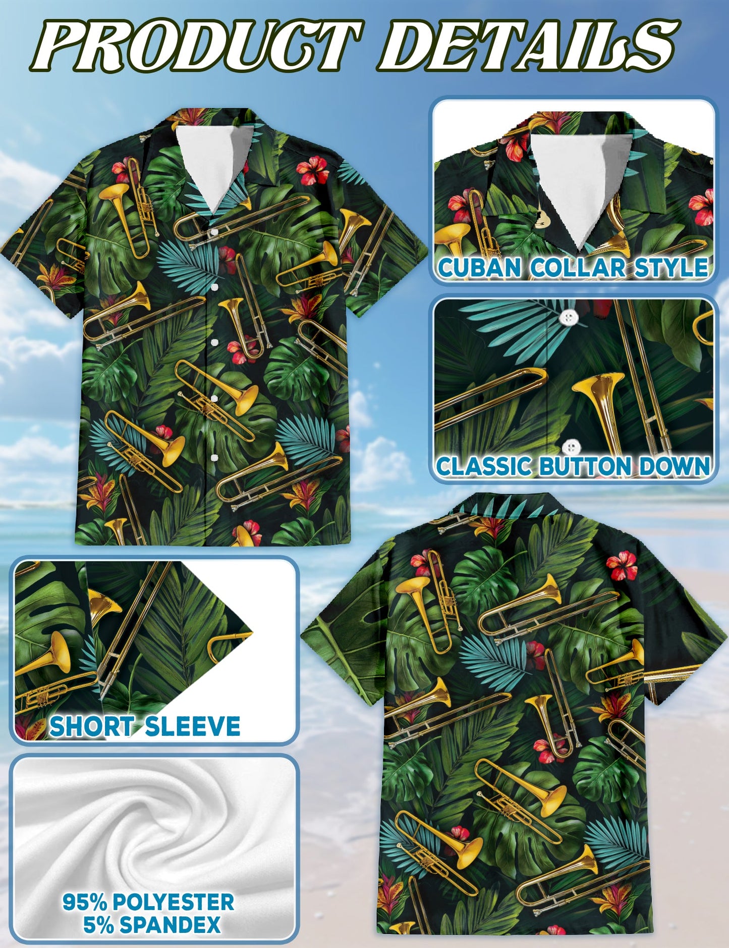 Tropical Trombone Pattern Hawaiian Shirt for Men, Button Down Aloha Shirt - Azhawaiian