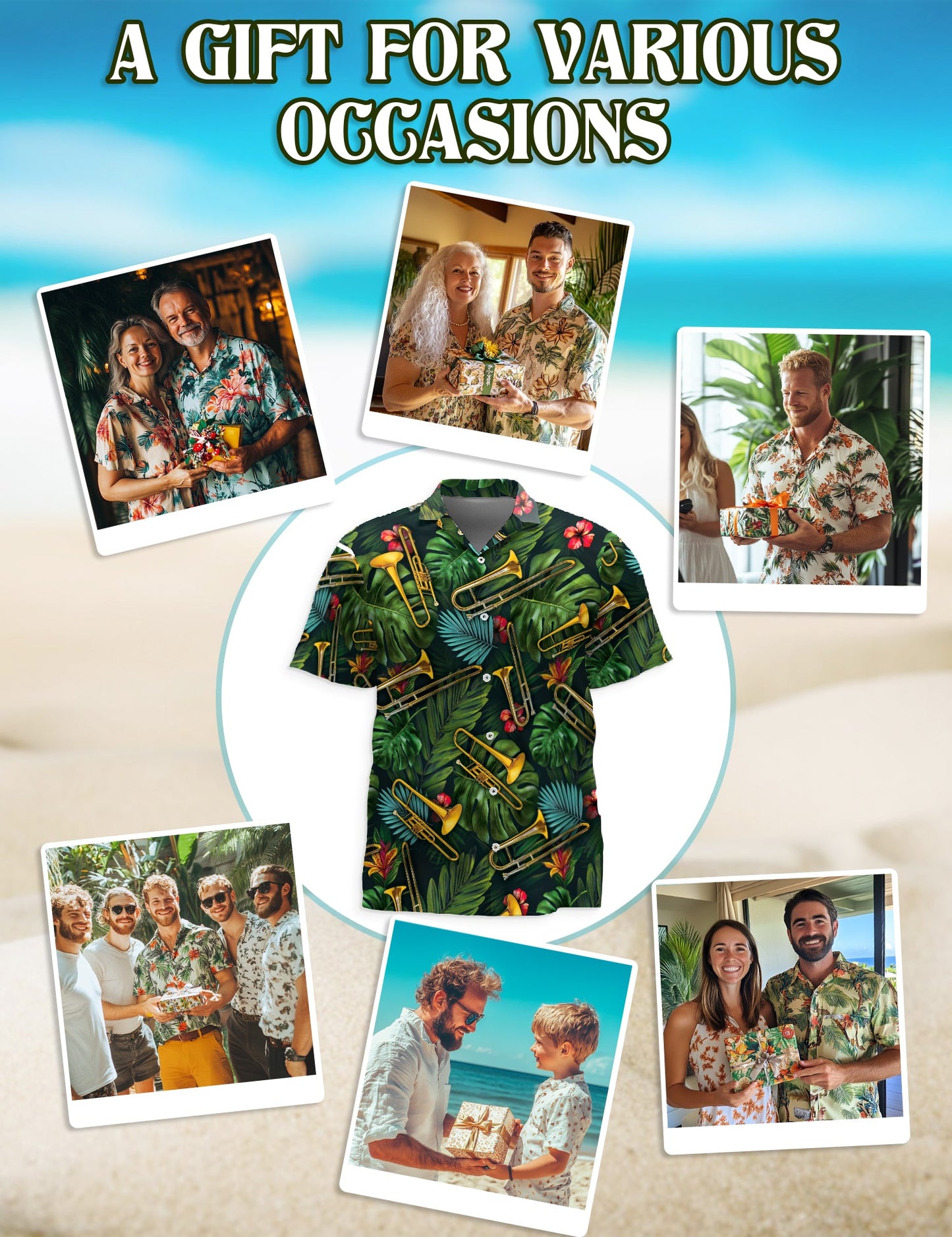 Tropical Trombone Pattern Hawaiian Shirt for Men, Button Down Aloha Shirt - Azhawaiian