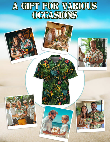 Tropical Trombone Pattern Hawaiian Shirt for Men, Button Down Aloha Shirt - Azhawaiian