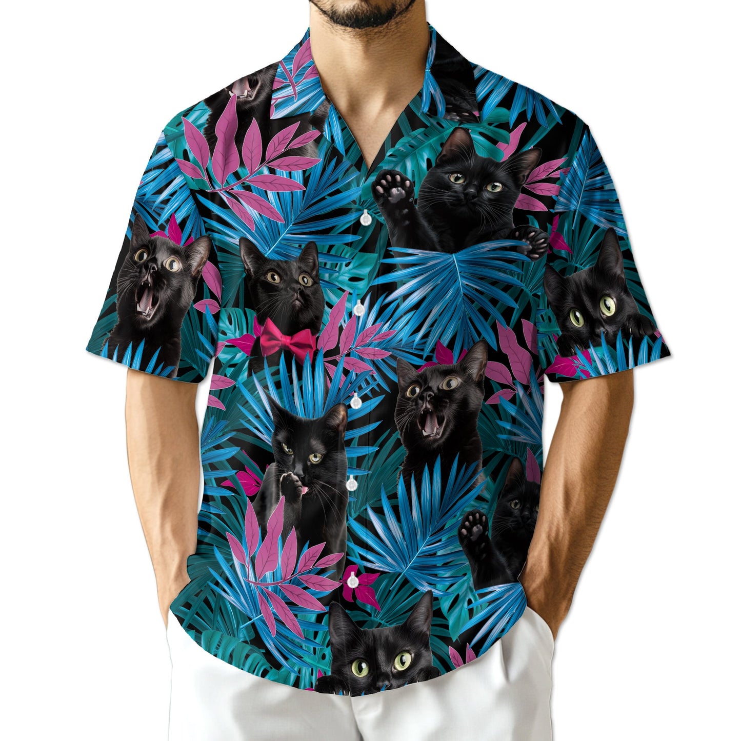 Tropical Black Cat Hawaiian Shirt for Men, Button Down Aloha Shirt - Azhawaiian