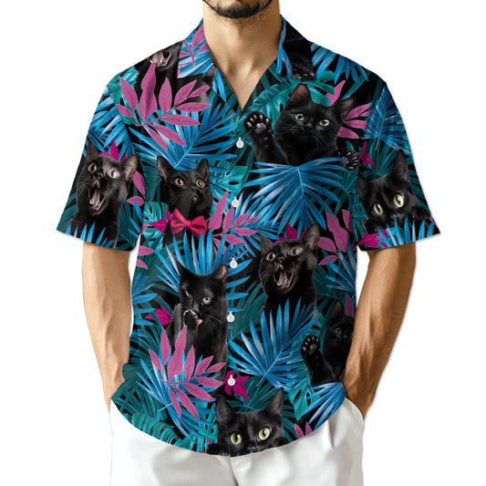 Tropical Black Cat Hawaiian Shirt for Men, Button Down Aloha Shirt - Azhawaiian