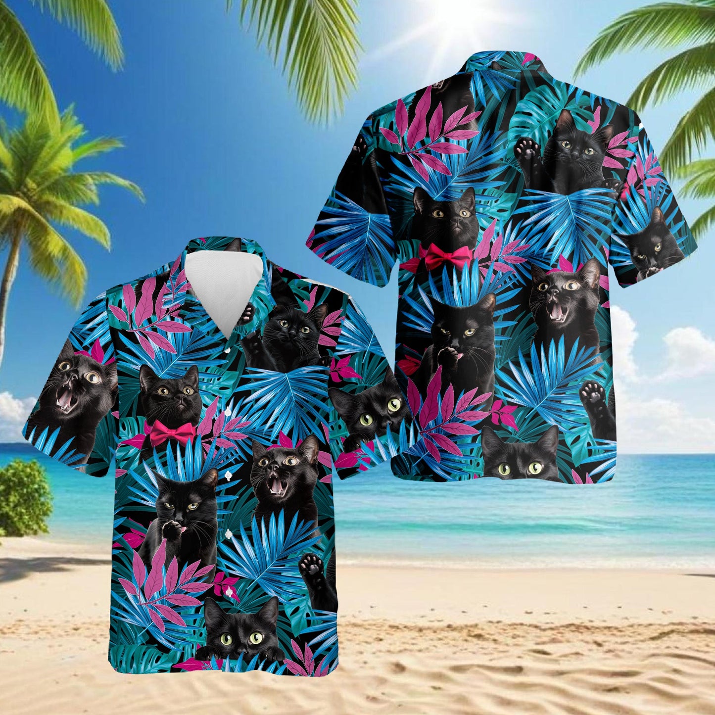 Tropical Black Cat Hawaiian Shirt for Men, Button Down Aloha Shirt - Azhawaiian