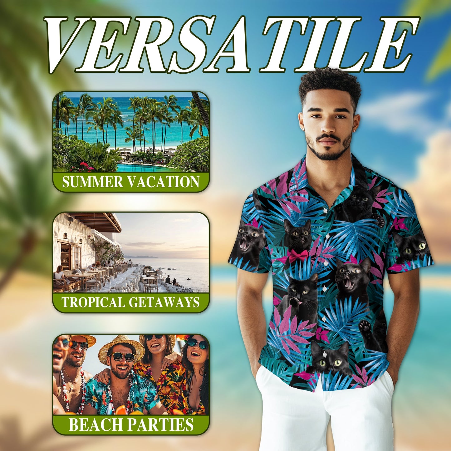 Tropical Black Cat Hawaiian Shirt for Men, Button Down Aloha Shirt - Azhawaiian