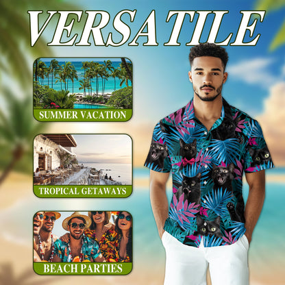 Tropical Black Cat Hawaiian Shirt for Men, Button Down Aloha Shirt - Azhawaiian