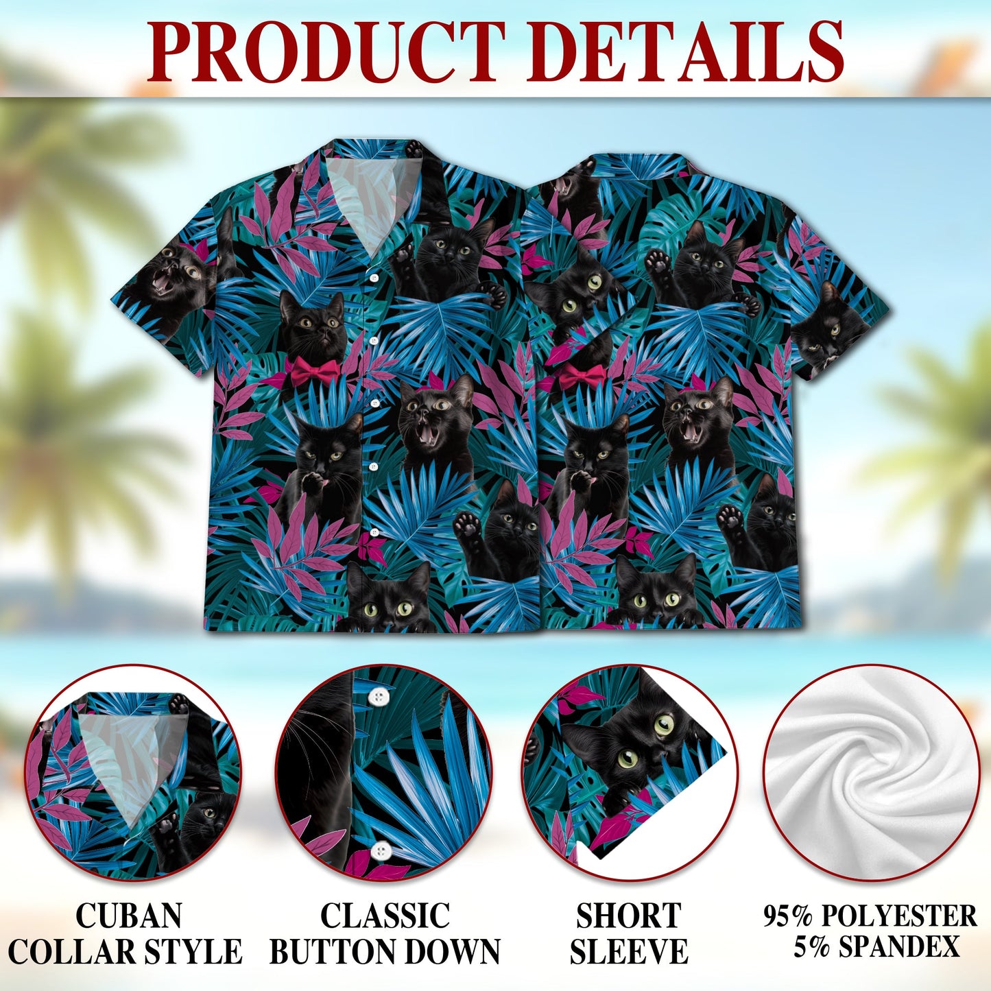Tropical Black Cat Hawaiian Shirt for Men, Button Down Aloha Shirt - Azhawaiian