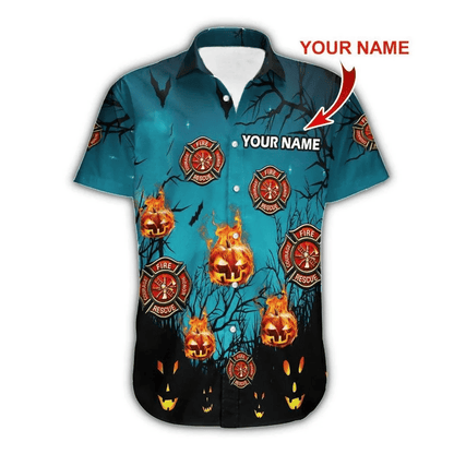 Personalized Halloween Theme Firefighter Custom Name Hawaiian Aloha Shirts #DH