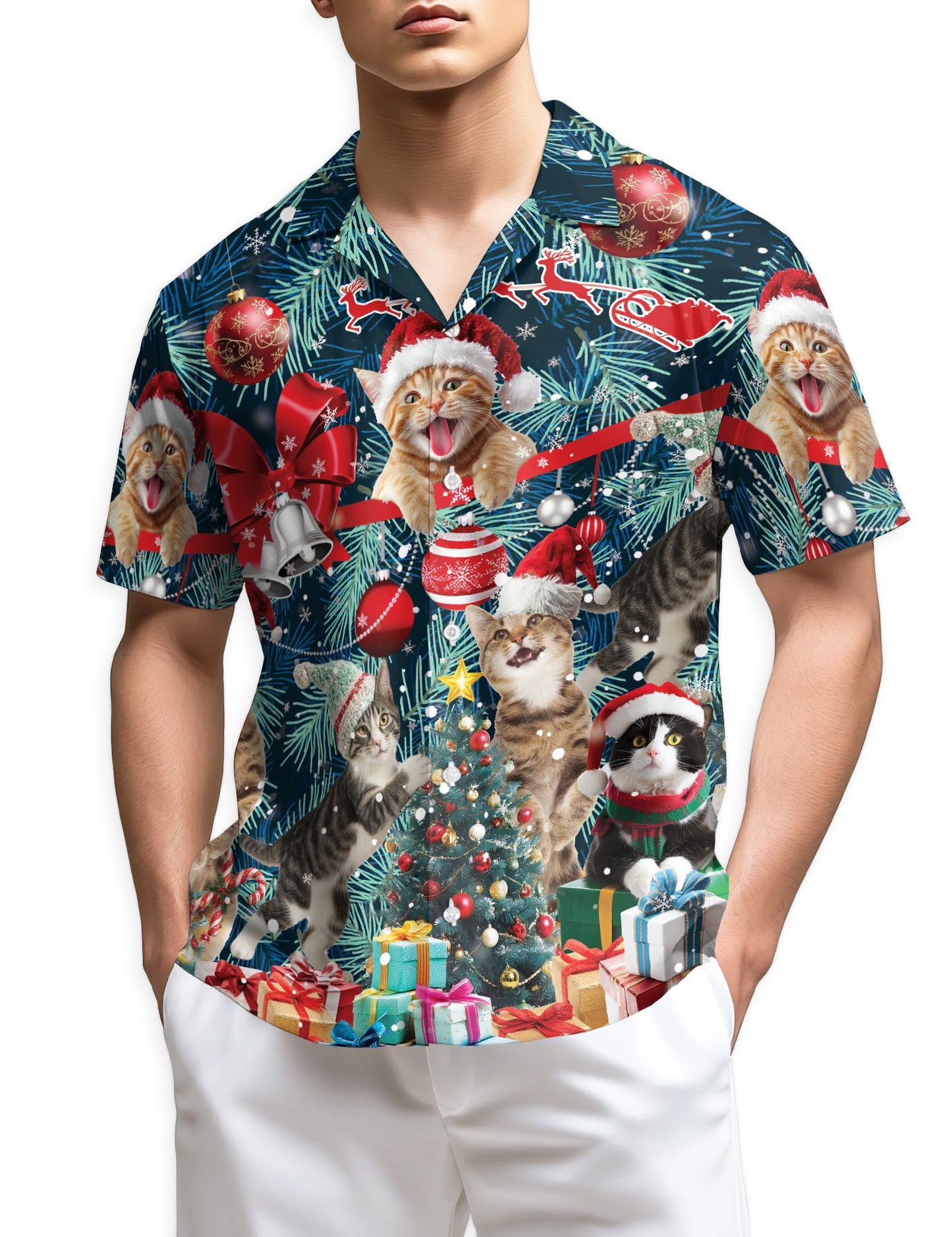 Christmas Cat Hawaiian Shirt for Men, Button Down Aloha Shirt - Azhawaiian