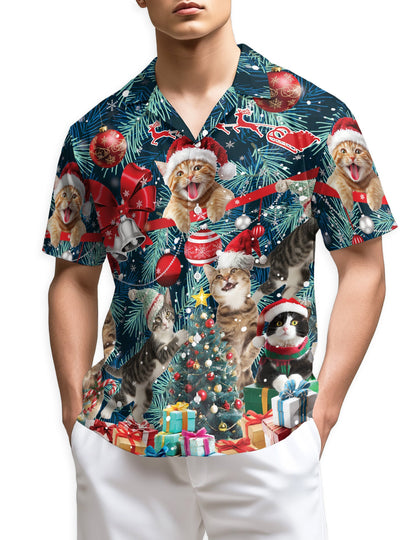 Christmas Cat Hawaiian Shirt for Men, Button Down Aloha Shirt - Azhawaiian
