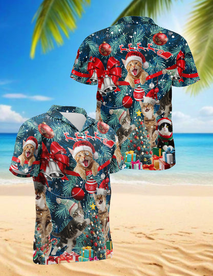Christmas Cat Hawaiian Shirt for Men, Button Down Aloha Shirt - Azhawaiian