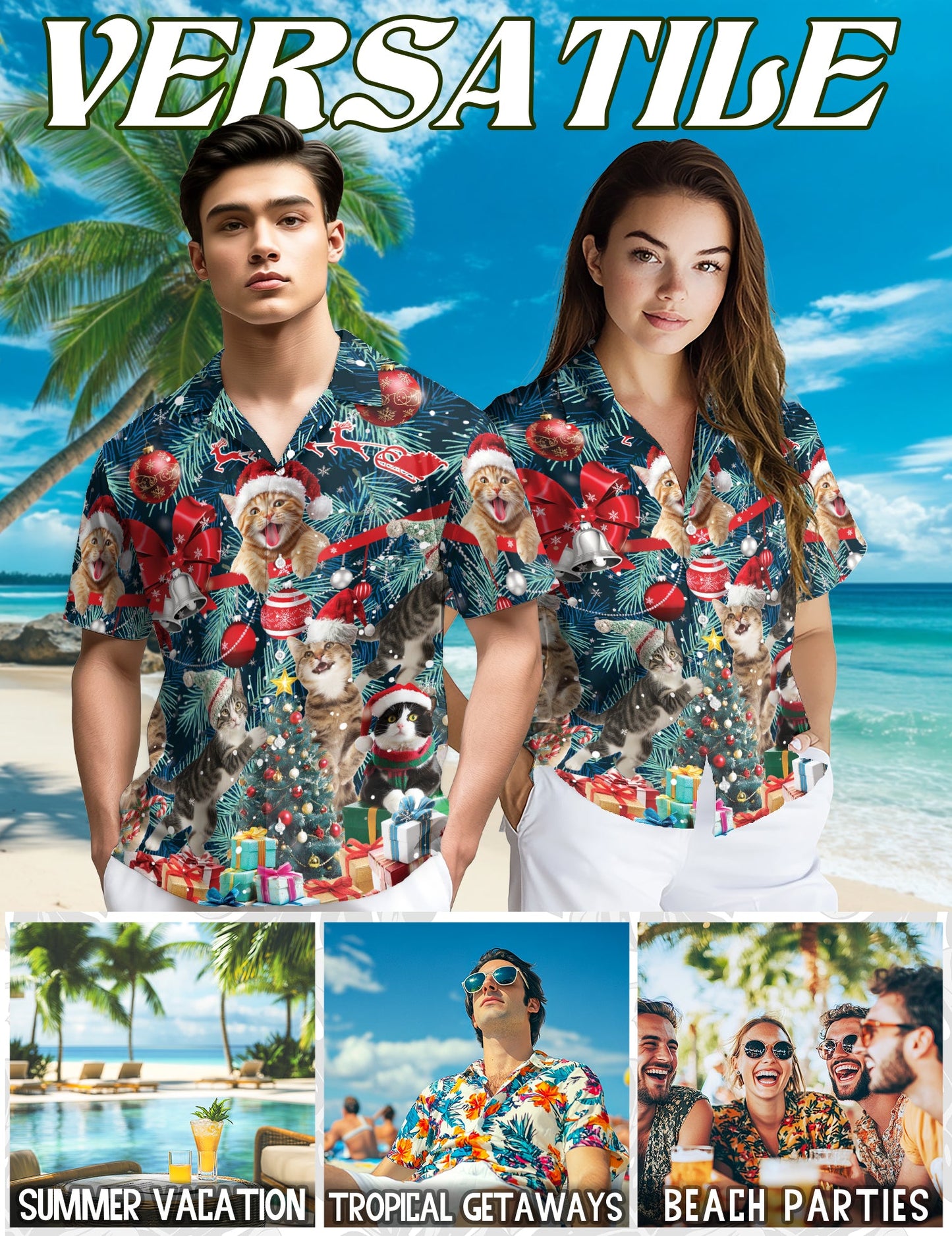 Christmas Cat Hawaiian Shirt for Men, Button Down Aloha Shirt - Azhawaiian