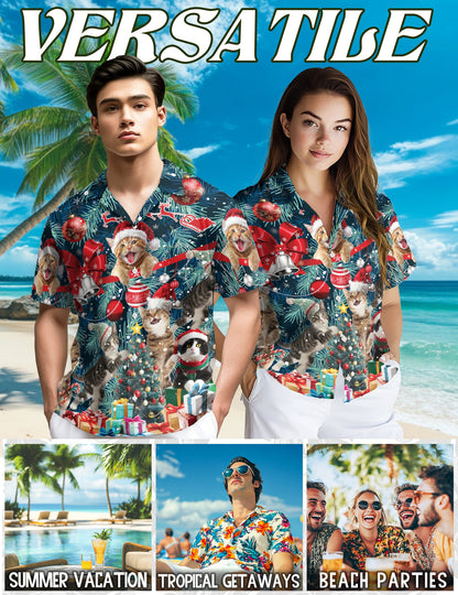 Christmas Cat Hawaiian Shirt for Men, Button Down Aloha Shirt - Azhawaiian