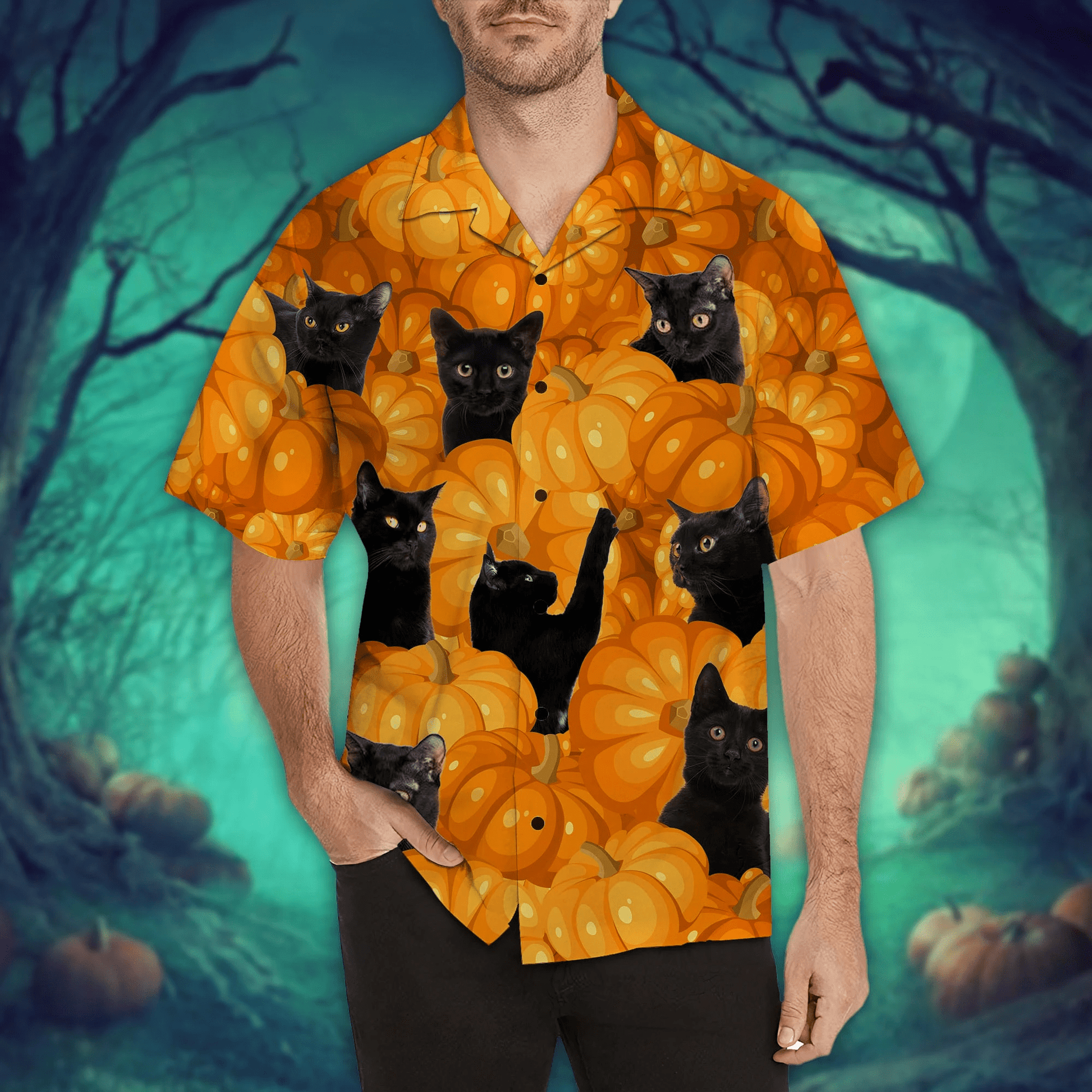 Hawaiian Aloha Shirts Black Cat Pumkin Halloween