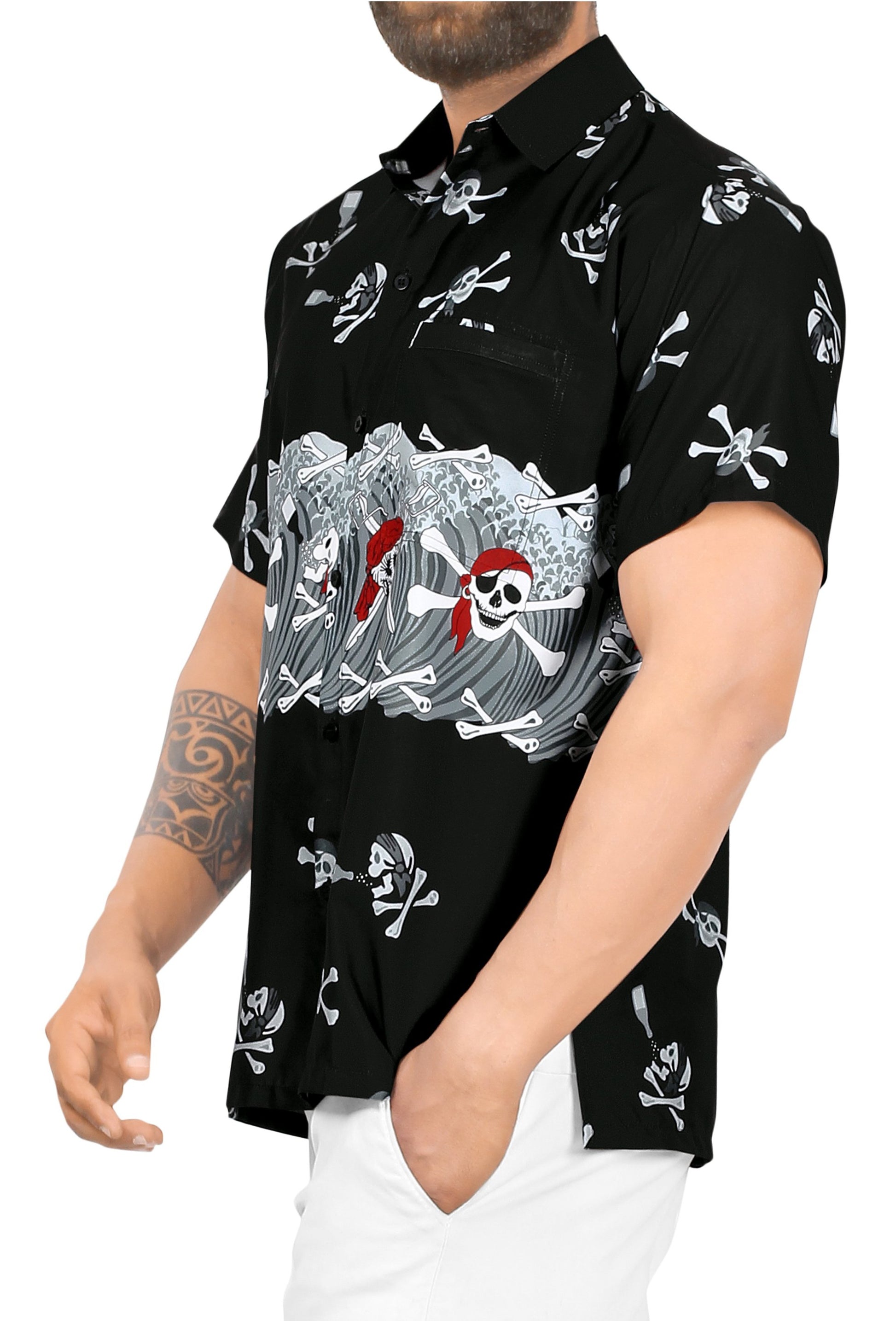 LA LEELA Men Casual Beach hawaiian Shirt Aloha Tropical Beach front Pocket Short sleeve Halloween Black_W154