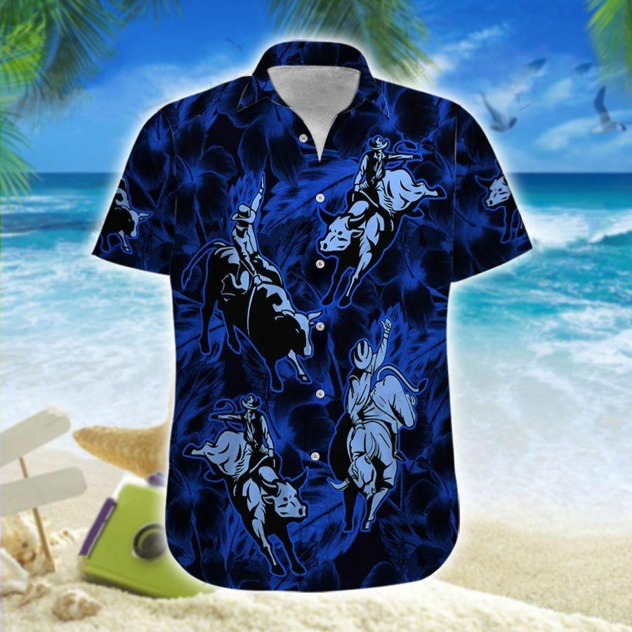 Hawaiian Aloha Shirts Bull Riding Blue Hibiscus