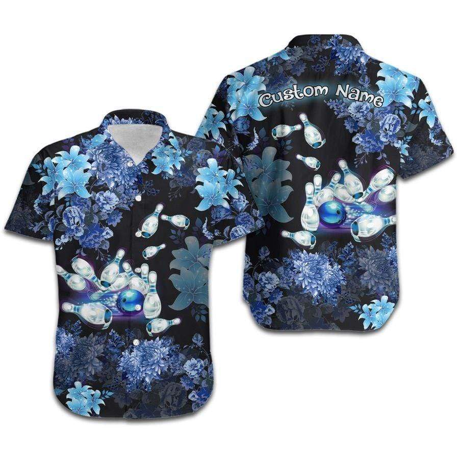 Hawaiian Aloha Shirts Bowling Neon Blue Tropical Custom Name