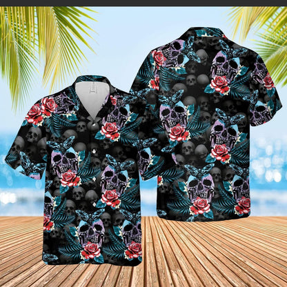 Halloween - Skull Rose And Butterfly Black Aloha Hawaiian Shirts