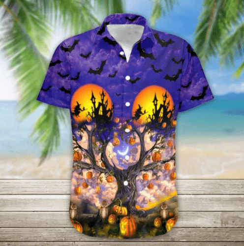 Purple Night Halloween Sky With Full Of Bats Unisex Hawaiian Shirts