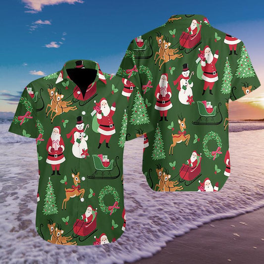 Merry Christmas Santa Snowman Reindeer Pattern Hawaiian Aloha Shirts 