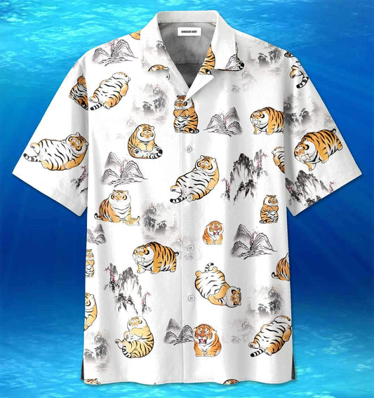 Funny Cute Tiger Going Down The Mountain Unisex Hawaiian Aloha Shirts #2621Dh