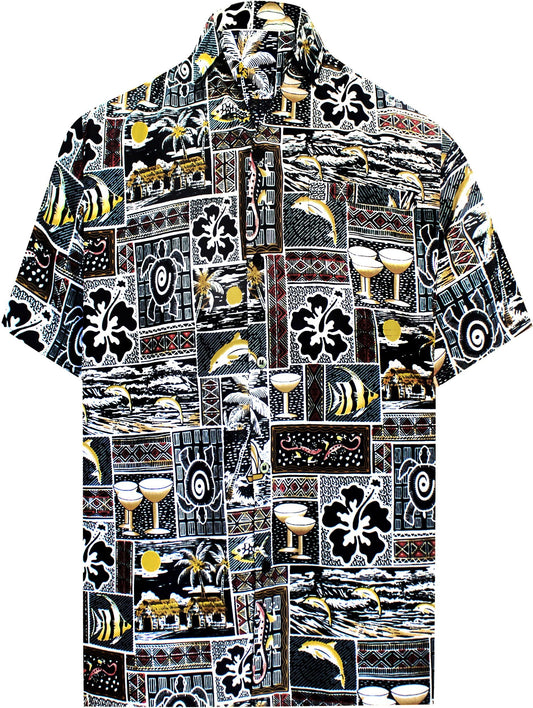 LA LEELA Shirt Casual Button Down Short Sleeve Beach Shirt Men Aloha Pocket shirt Halloween Black_W168