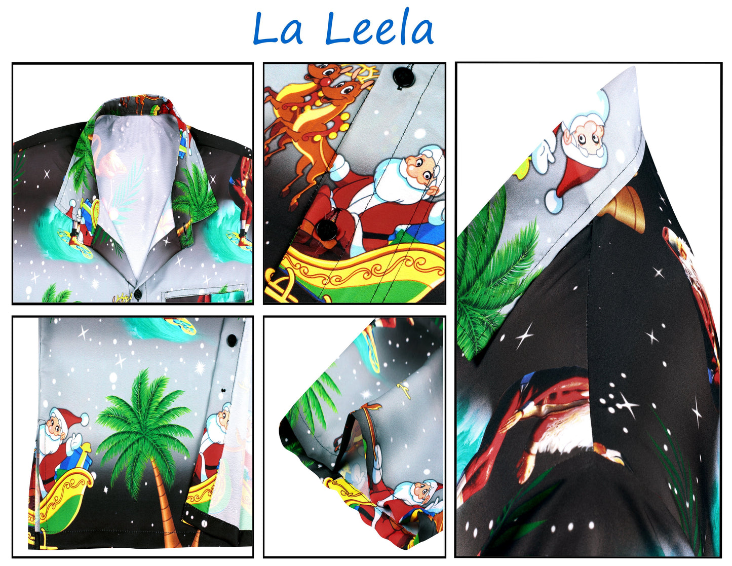 LA LEELA Men's Casual Beach hawaiian Shirt Aloha Christmas Santa front Pocket Short sleeve Black_W579