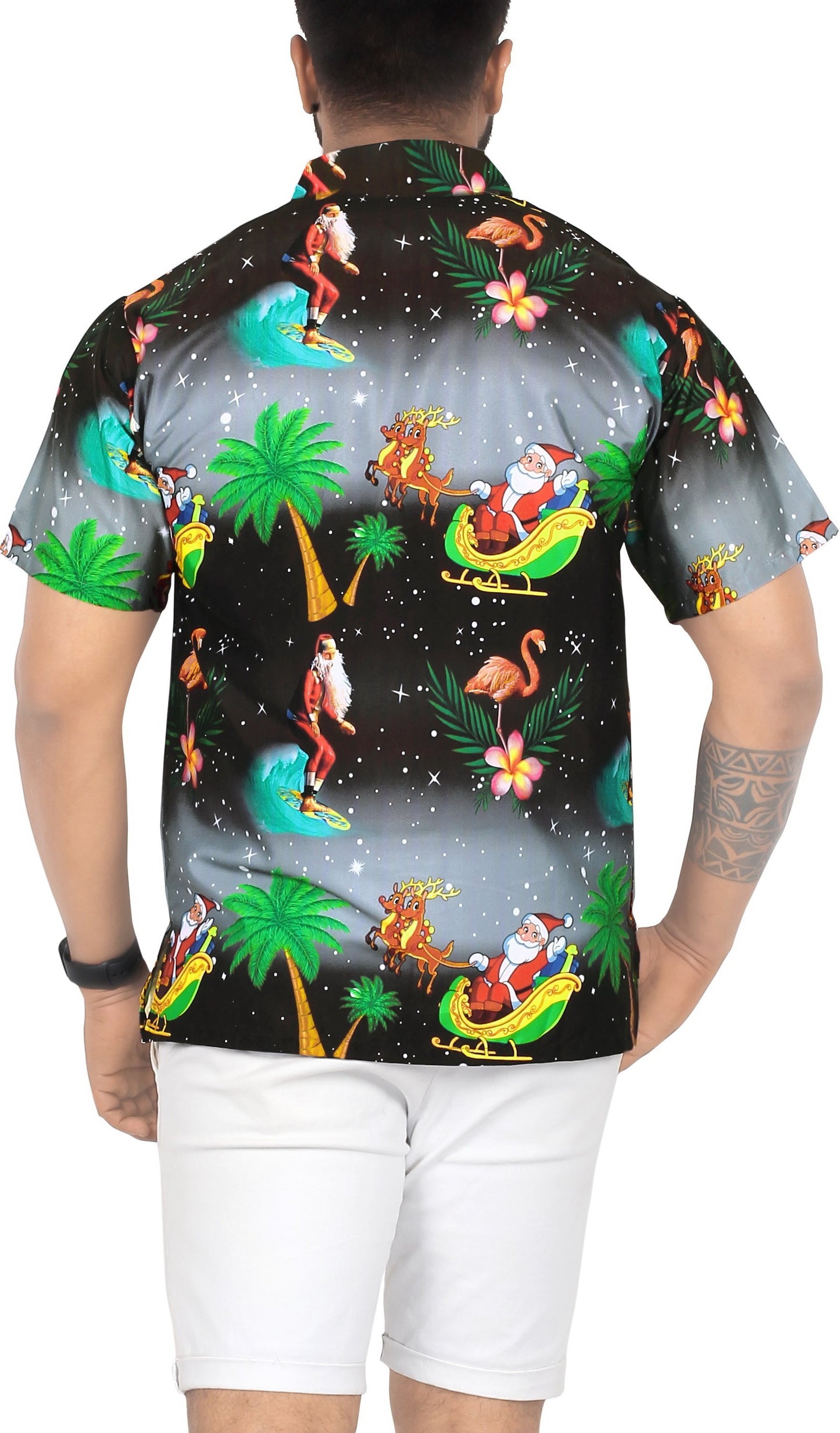 LA LEELA Men's Casual Beach hawaiian Shirt Aloha Christmas Santa front Pocket Short sleeve Black_W579