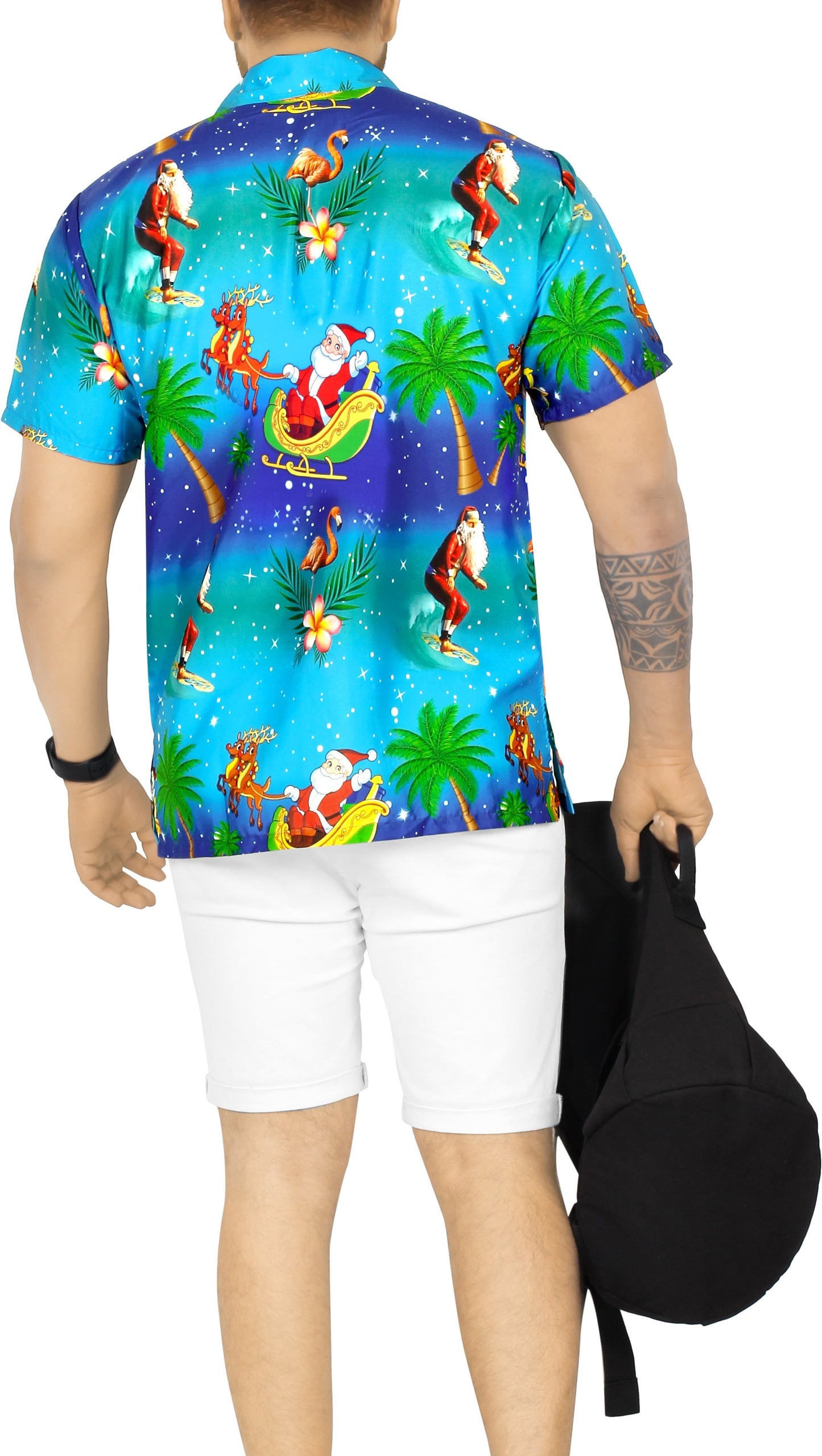 LA LEELA Men's Casual Beach hawaiian Shirt Aloha Christmas Santa front Pocket Short sleeve Blue_W580