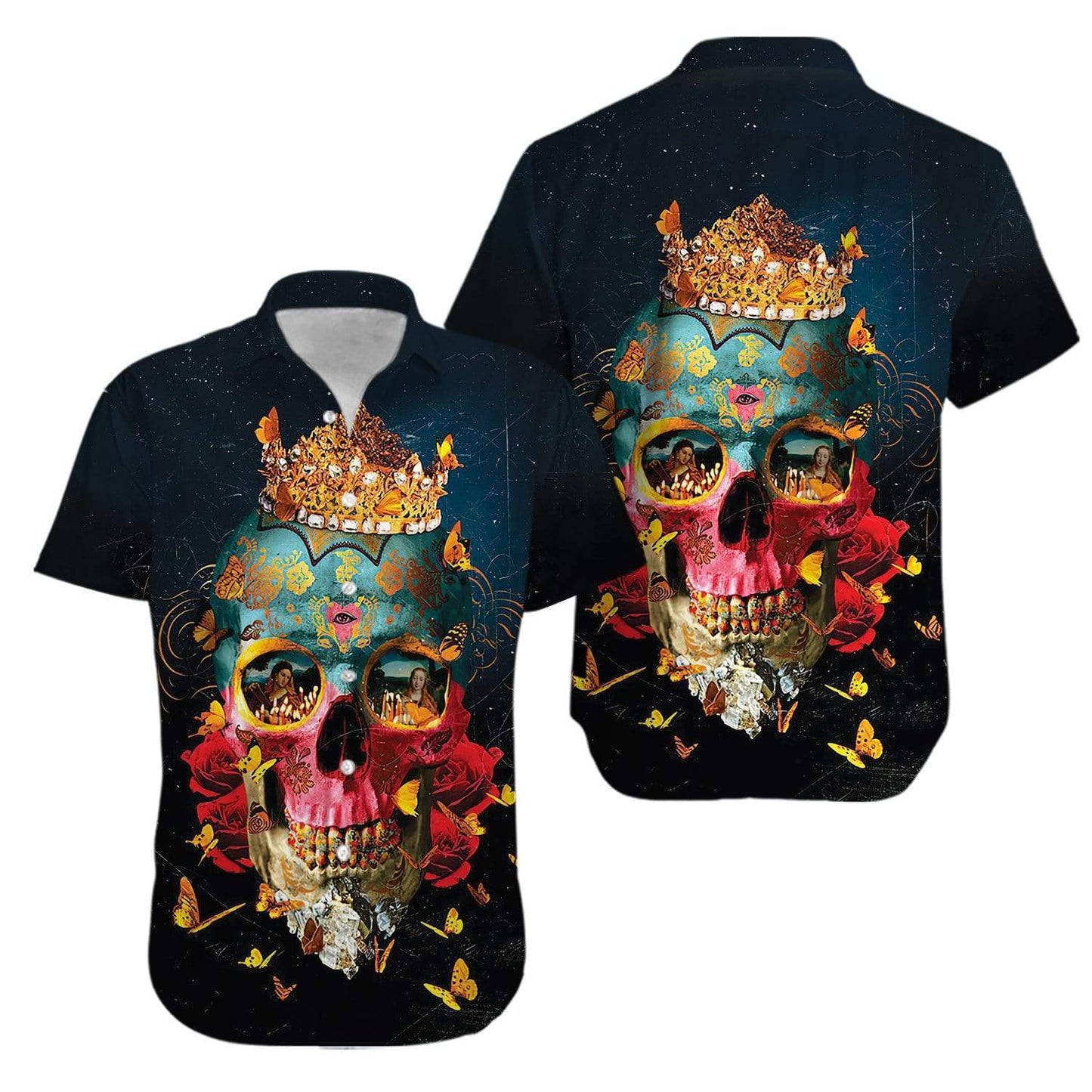 Crown Skull Fire Girl Hawaiian Unisex Aloha Shirts  #V