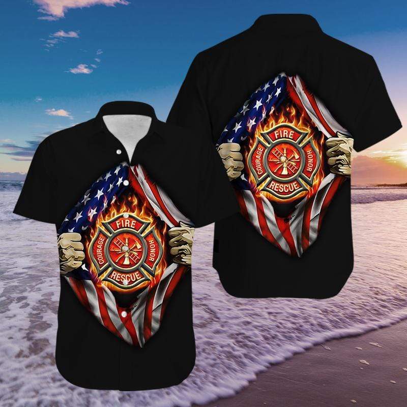 Black Firefighter Hawaiian Aloha Shirts 