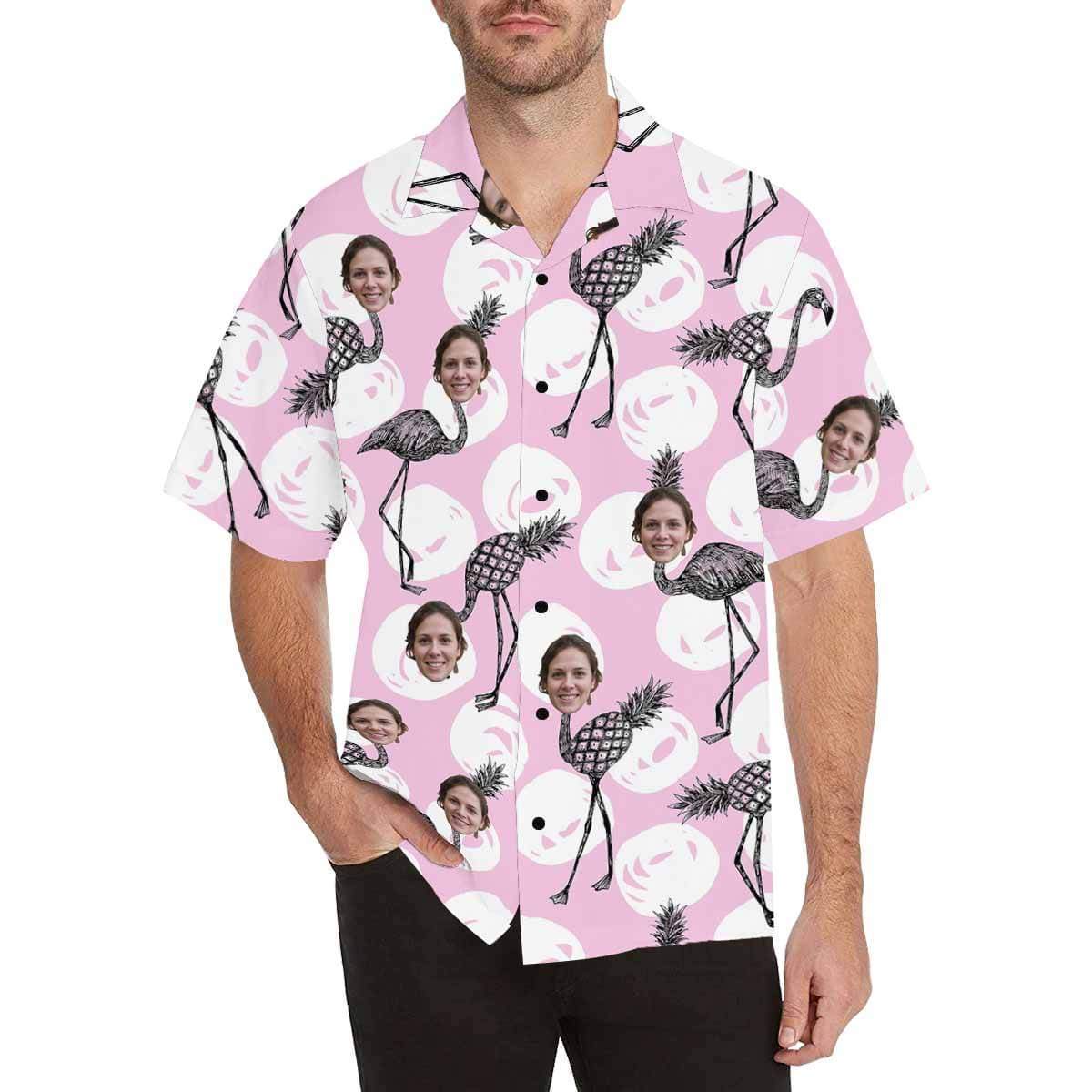 Custom Face Funny Flamingo Men's All Over Print Hawaiian Shirt