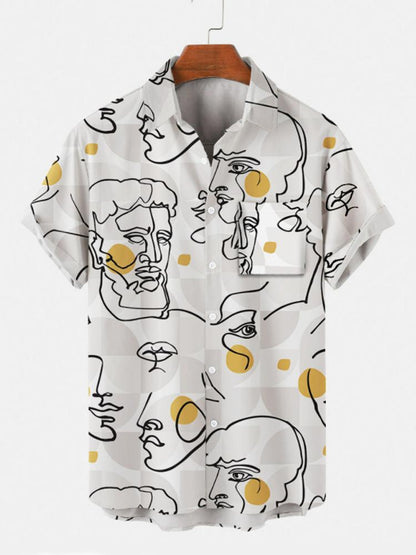 Abstract Line Drawing Face Printed Mens Short Sleeve Shirt Hawaiian