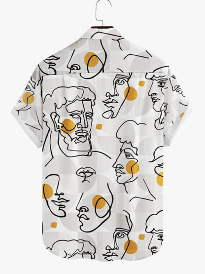 Abstract Line Drawing Face Printed Mens Short Sleeve Shirt Hawaiian