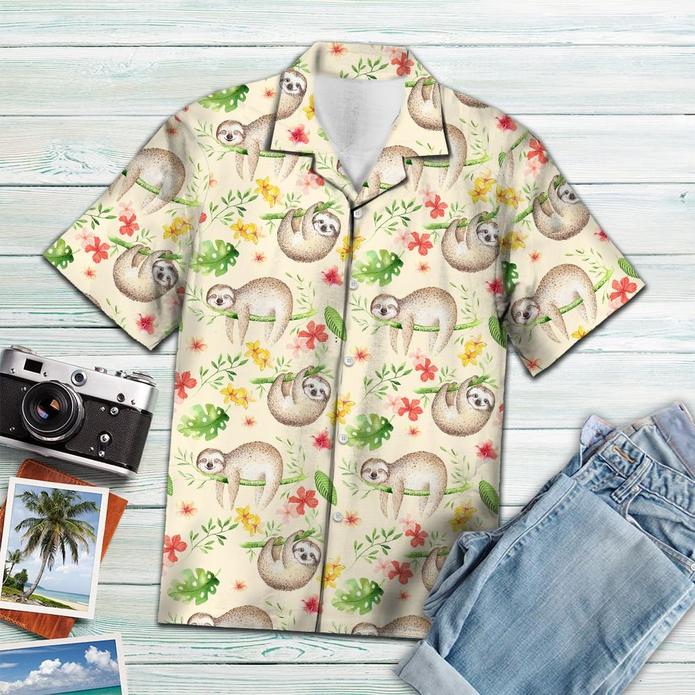 Sloth Leaf Pattern Tropical Hawaiian Shirt 