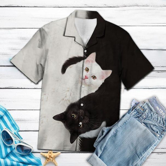 Amazing Black And White Cat Tropical Hawaiian Shirt 