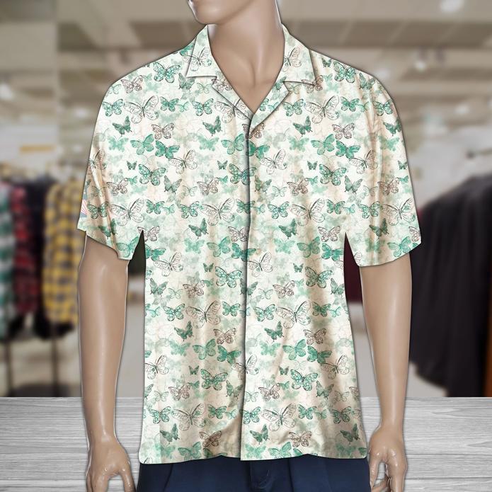 Vintage Green Butterflies Tropical Hawaiian Shirt 131