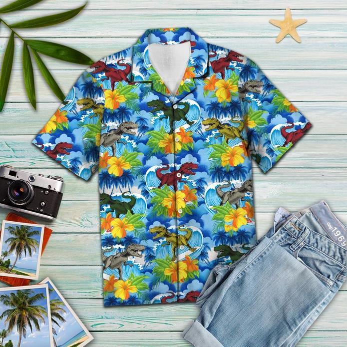 Vintage Dinosaur Hibiscus Tropical Hawaiian Shirt 131