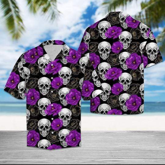 Halloween - Skull With Purple Flower Hawaiian Aloha Shirts