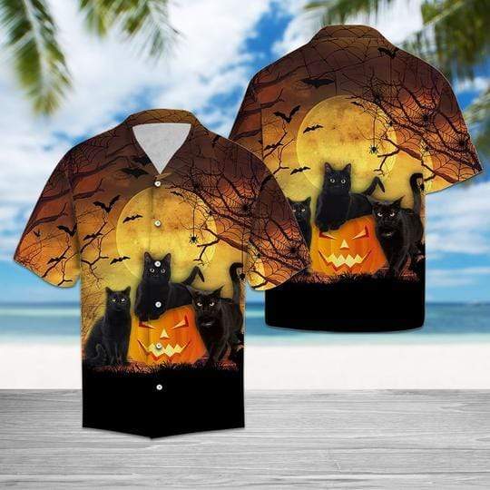 Black Cat Pumpkin Halloween Pattern Hawaiian Aloha Shirts