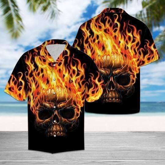 Halloween - Black Strong Flaming Skull Hawaiian Aloha Shirts